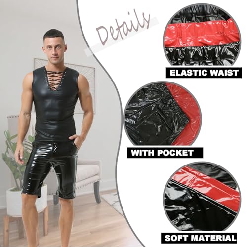 Mens PU Leather Shorts Straight Leg Button Flat Front Workout Shorts Boxer Short Pants with Pockets2