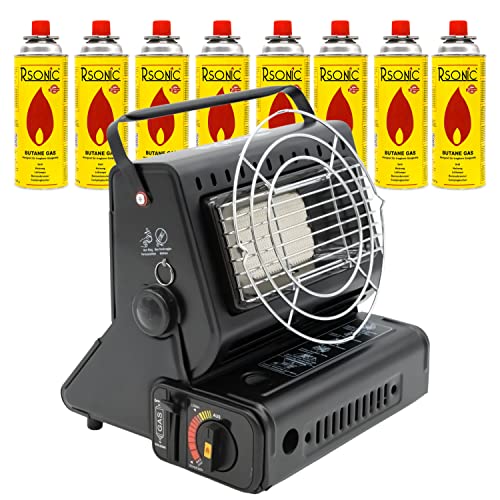 Gasheizung Gasstrahler Campingheizung 2in1 | Tragbarer Heizung Gasheizer Keramik Brenner | 1,3 kW Leistung | 108g/h Verbrauch (Gasheizung + 8 Kartuschen) Cover