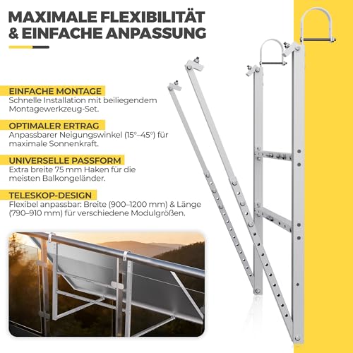 GLIESE Balkonkraftwerk Halterung | Solarmodulhalterung für 400W-550W - 15°-45° verstellbar aus stabilem Aluminium, inkl. Haken für rundes Geländer - Für Balkon, Flachdach, Wand (Silber)