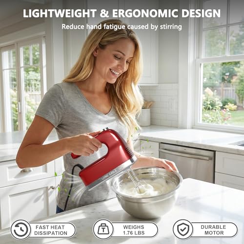 Image of Lord Eagle 9-Speed Digital Hand Mixer Electric Handheld, 500W DC Motor Kitchen Mixer for Cake Baking, Lightweight Egg Beaters with Stain-resistant & Waterproof Storage Bag & 6 Accessories, Red