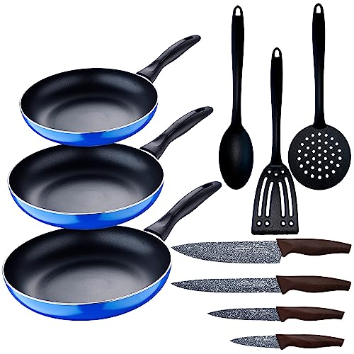 San Ignacio Set 3pc sarten (16+20+24cm) aluminio prensado, inducción, azul Navy Paradise con Set 3pcs utensilios de cocina con Set 4pc cuchillos acero inoxidable
