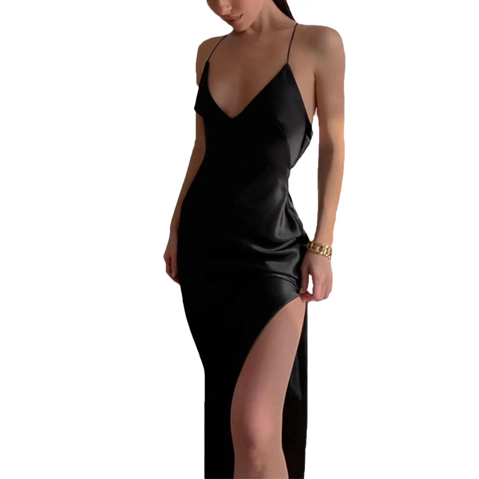 Robe col en v sans manches style robe fendue d'été soirée club S