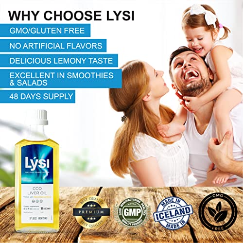Lysi Cod Liver Oil Lemon Flavor | 1100 Mg Omega-3S Per Serving| Pure & Natural Cod Liver Oil | Icelandic Liquid Cod Liver Oil | Gmp Certified | 8.12 Fl Oz | 48 Servings #TOP1