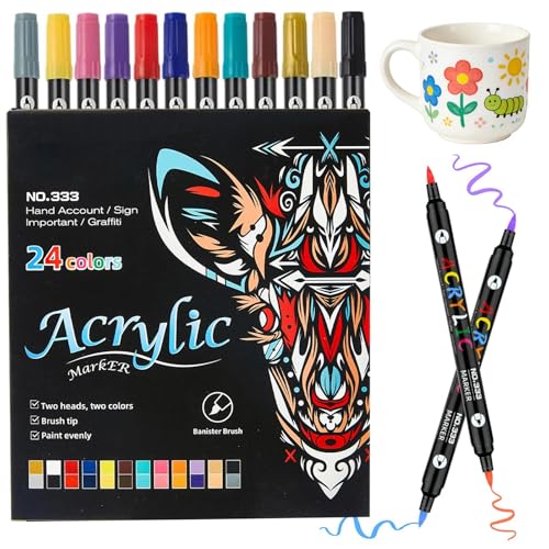 Touosy Lot de 12 Feutre Acrylique, Stylos en Porcelaine 24 Couleurs Stylo Acrylique Double Embout Acrylic Paint Marker Résistant à l'eau pour Tasses...
