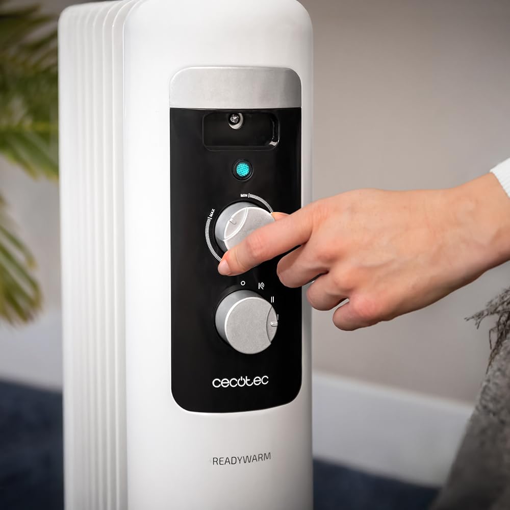 Cecotec Radiador Eléctrico de Aceite Bajo Consumo de 9 Módulos ReadyWarm 950 Space White. 2000W, 3 Niveles de Potencia, Sistema de seguridad y Ruedas, Ideal para 20m², Blanco