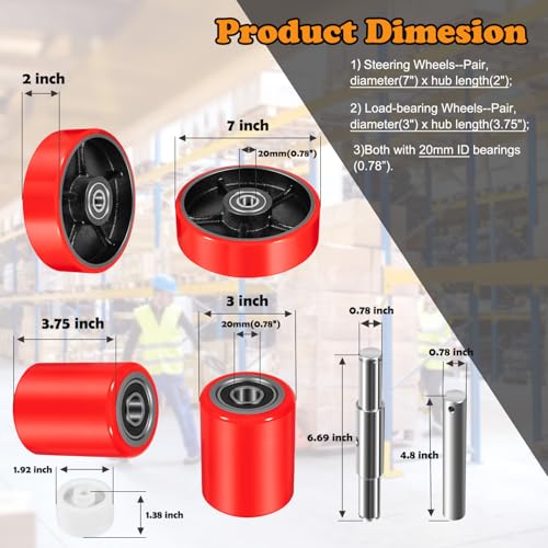 Image of Pallet Jack /Truck Full Wheel Replacement Kit, Pair Steering Wheels (7 inchx 2 inch), Pair Front Load Roller(3 inch x 3.75 inch), with Pre-Installed Bearings, Axles, 20mm ID Poly Tread, Entry Rollers, Install Tool Kit