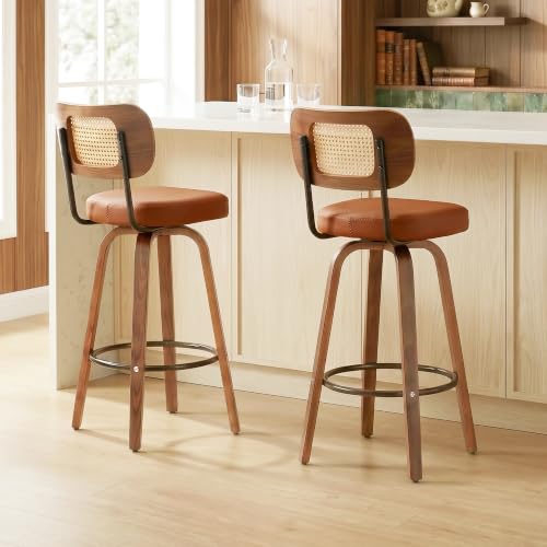 Image of KEEZY Natural Rattan Bar Stools Set of 2,Upholstered PU Leather, 30''Counter Height Barstools with Back and Wood Legs,360Swivel,Mid-Century Modern Bar Stool for Kitchen Island Dining Room and Bar