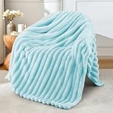 Exclusivo Mezcla Couverture Polaire, Plaid Canapé en Rayé, Couverture de Lit Super Douce en Jacquard, Léger et Moelleux pour Toutes Les Saisons, 130x150CM, Bleu Clair