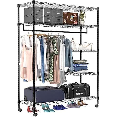 JS HOME 5 Tiers Garment Rack with Storage Shelves, Dust-proof Heavy Duty Rolling Clothing Rack Adjustable Closet Organizer Rack with 1 Sliding Hanging Rod/Lockable Wheels Cover