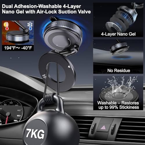Image of Highdas Upgraded 360 Nano Gel Vacuum Magnetic Phone Holder, Car Mobile Holder for Magsafe[108+LBS Strongest Suction & 3000gf Strongest Magnetic], Suction Cup Phone Mount for Car /for iPhone & Android