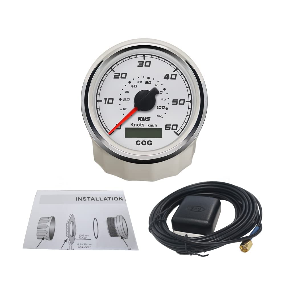 KUS Contatore Di Velocità GPS Contatore Di Velocità 60Knots Con Retroilluminazione Corso Per Yacht A Barca 85mm 12V/24V (Bianco)
