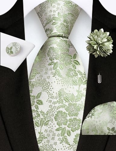 Image of GUSLESON 3.15 inch(8cm) Mens Floral Tie and Lapel Pin Necktie Hankerchief Cufflinks Set for Men
