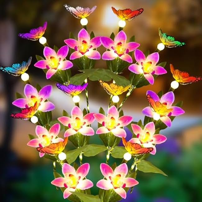 Solar Garden Lights, 1 Pack Solar Flower Lights Outdoor Waterproof with 6 Swaying Butterfly, Outdoor Decoration for Yard Patio Lawn Pathway, Gift for Family and Friends