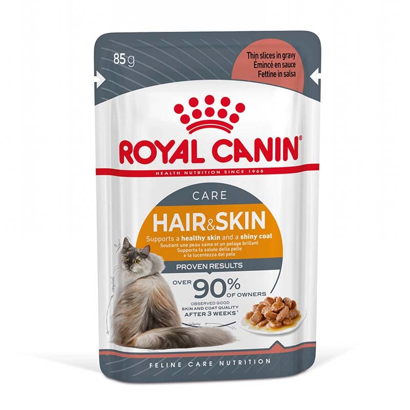 Royal Canin Hair & Skin Care Gravy | Doppelpack | 2 x 12 x 85g | Alleinfuttermittel für ausgewachsene Katzen | Feine Stückchen in Soße | Kann zu einem gesundes Fell beitragen