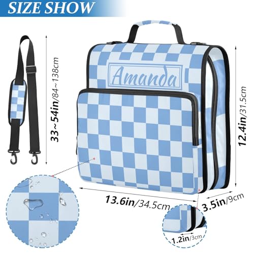 Image of Custom 3 Ring Zipper Binder Blue Checkered White Buffalo Plaid Personalized Name 1.5 inch Binders Large Capacity Multi Pockets for School Office Supplies