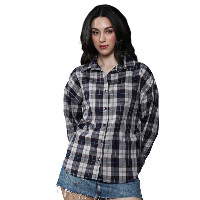 pinacolada Women's Shirt | Spread Collar, Long Button-Cuff Sleeves, Button Closure | Plaid Twill Woven Shirt for Casual Navy Blue-picture-16