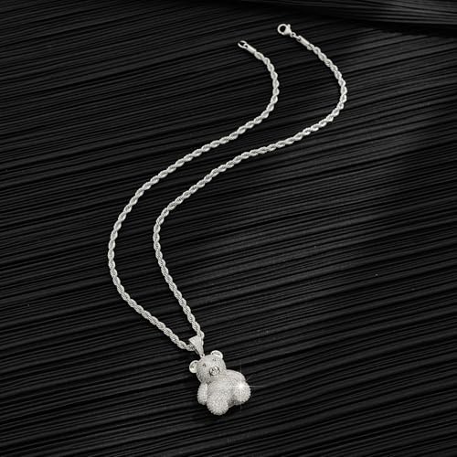 Silver Necklace for Men with Bear Pendant Stainless Steel Rope Chain Fashion Mens Necklaces Iced Out Pendant with Full CZ Trendy Gummy Bear Necklace for Gift