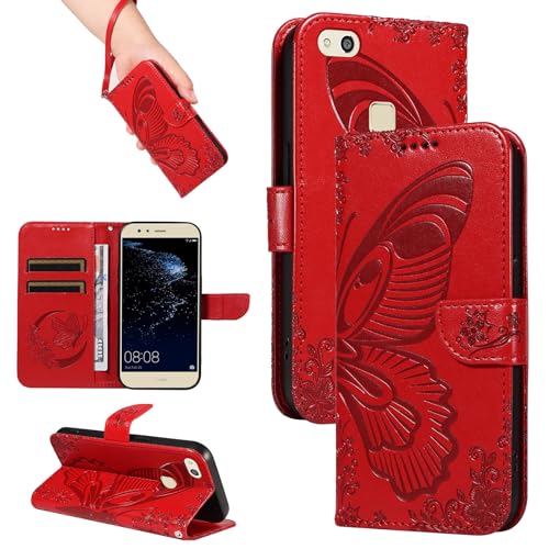 HUANGTAOLI Custodia per Huawei P10 Lite, Porta Carte e Cavalletto, Protezione a 360 Gradi e Assorbe Gli Urti, Portafoglio in Pelle Slim Fit e Flessibile Cover, Red