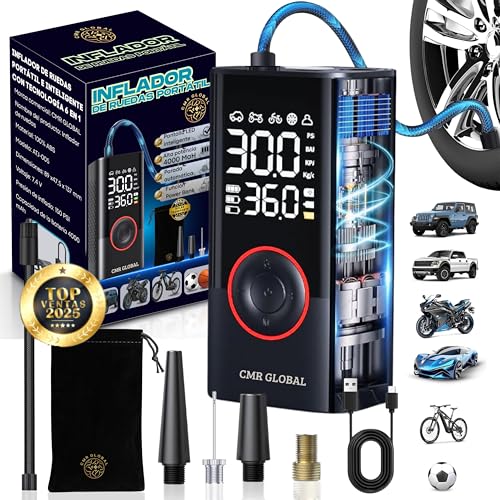 SUPER PRO Compresor Aire Portatil. Inflador Ruedas Coche con Linterna 150 PSI. Inflador Eléctrico para Coche Moto Bicicleta Pelota. Batería Recargable 4000 mAh Hinchador eléctrico Viaje Emergencia