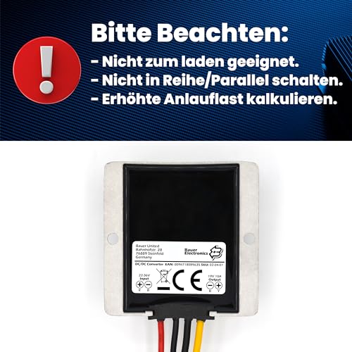Bauer Electronics | DC-DC 22V-36V zu 19V Spannungs-wandler 10A 190W | 24-V 19-V Converter Netzteil Strom-adapter Spannungs-regler Spannungs-stabilisator Spannungs-begrenzer LKW Step-down Buck Volt