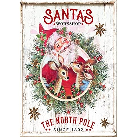 QISPIOD Santa's Workshop Sign Retro Santa Sign Retro Christmas Wreath Funny Christmas Metal Tin Sign Decor Iron Painting Wall Art for Home Coffee Shop Retro Wall Decor Reindeer Poster 8x12 Inch Cover