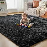 CHOSHOME Tapis de Salon, Shaggy, Doux, pour Chambre à Coucher, Salon, Dessous antidérapant, Moelleux et Moderne, à Poils Longs, 90 x 150 cm, Noir