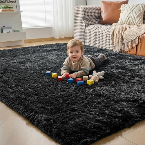 CHOSHOME Tapis lit Salon Moquette Poil Long Grande Taille Moderne Convient pour Le Salon (Noir, 120 * 180cm)