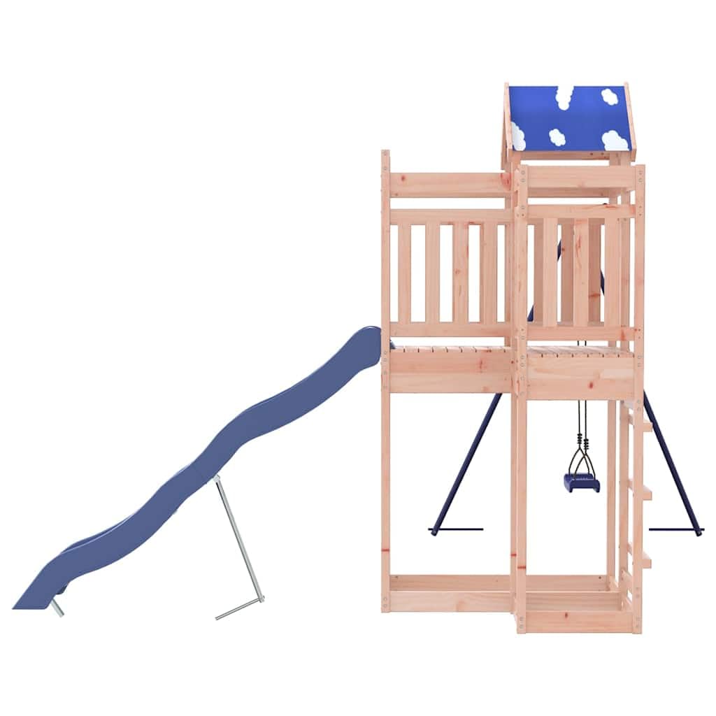 Wieża do zabawy z litego drewna daglezji ze zjeżdżalnią falistymi, huśtawką i piaskownicą, platforma 118 cm, zabawka ogrodowa do ogrodu, na podwórko, taras, ruch motoryki dla dzieci, plac