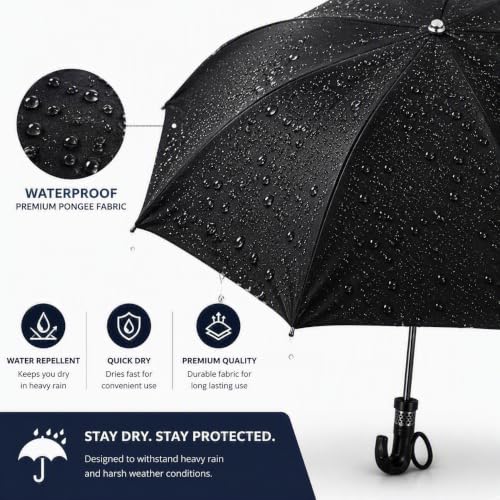 Image of Black Folding Umbrella, Windproof with J-Hook Handle