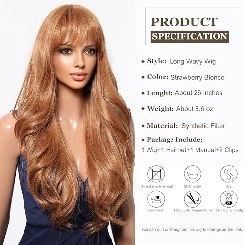 Esmee Long Wavy Strawberry Blonde with Fringe Wigs for Women Natural Synthetic Heat Resistant Hair Curly Wig for Party Daily Use - Image 2
