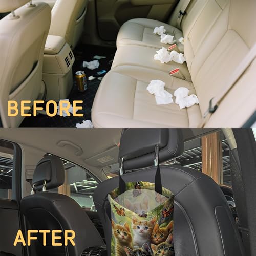 Image of Cute Cats with Butterfly Car Trash Bag, Hanging Drawstring Car Garbage Bag,Canvas Car Back Seat Organizer with Adjustable Buckle for Men and Women