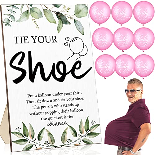 Image of Roowest 51 Pcs Tie Your Shoe Baby Shower Game Sign Wooden Sign Greenery Gift Sets Gender Reveal Party Favors 50 Balloons Latex Balloons for Game Wedding Supplies(Pink,Leaf)