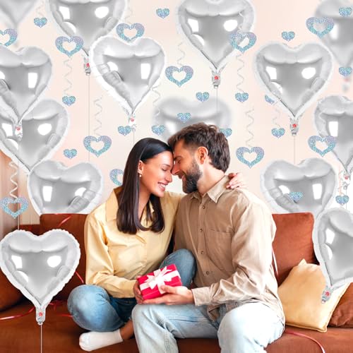 Image of 24 Pcs Silver Heart Balloons, 100 Pcs Heart Hanging Streamers, 18 Inch Heart Foil Balloons Valentine's Day Balloon Love Balloon for Valentines Day Proposal Wedding Party Decorations