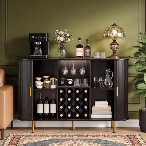 Image of DHH 55 inch Wine Bar Cabinet with Storage, Fluted Liquor & Coffee Bar Cabinet with Wine Rack and Glass Holder, Buffet Sideboard with LED Lights for Home Kitchen Living Dining Room (Dark Walnut)