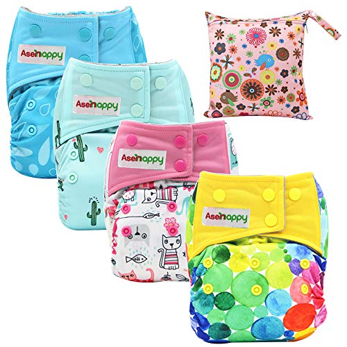 Asenappy Cloth Diaper 4 PCs Reusable Diapers Leak-Proof Diaper Cover with Wet Bag Washable Baby Diaper.