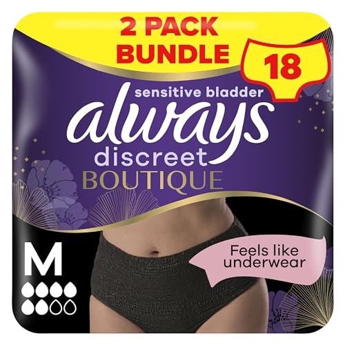 Always Discreet Boutique Incontinence Pants Women Medium Size Black 18 High Absorbency Plus Pants (9 x 2 Packs) Odour Neutraliser Softness and Protection For Sensitive Bladder