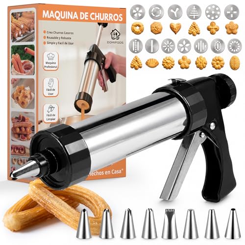 DOMIPODS - Máquina de Churros Manual y Galletera de Acero Inoxidable 304, Kit Churrera con Manga Pastelera y Accesorios para Hacer Churros, Porras y Galletas Caseras