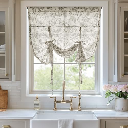 Madison Park Linen Tie Up Valance for Living Room, Floral, 42x63 Charcoal