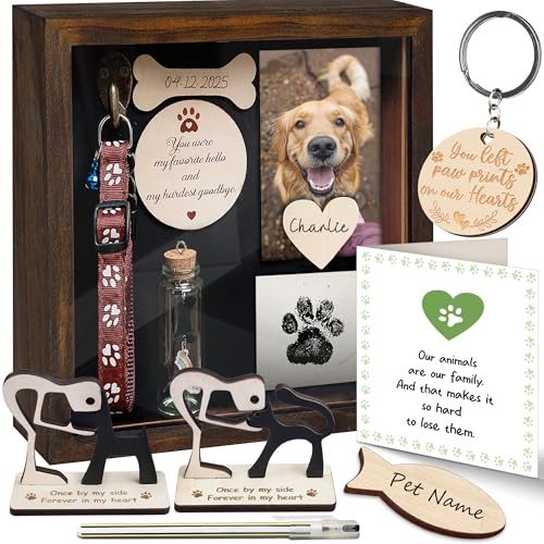 8.6 Pet Memorial Shadow Box Rustic Collar Holder Picture Frame Paw Print Kit Dog Wooden Sculpture Pet Hair Fur Jar Cat Memorial Keychain Dogs Sympathy Card Gift for Pet Lovers PSD-4R