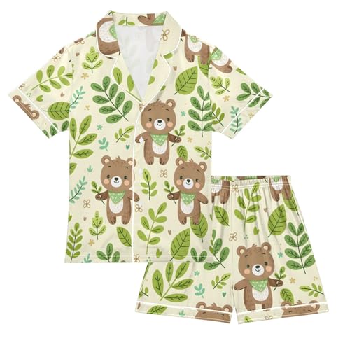 ALAZA Cartoon Bear Leaf Blossom Pajamas Satin Pajama Set Short Sleeve Button Down Sleepwear