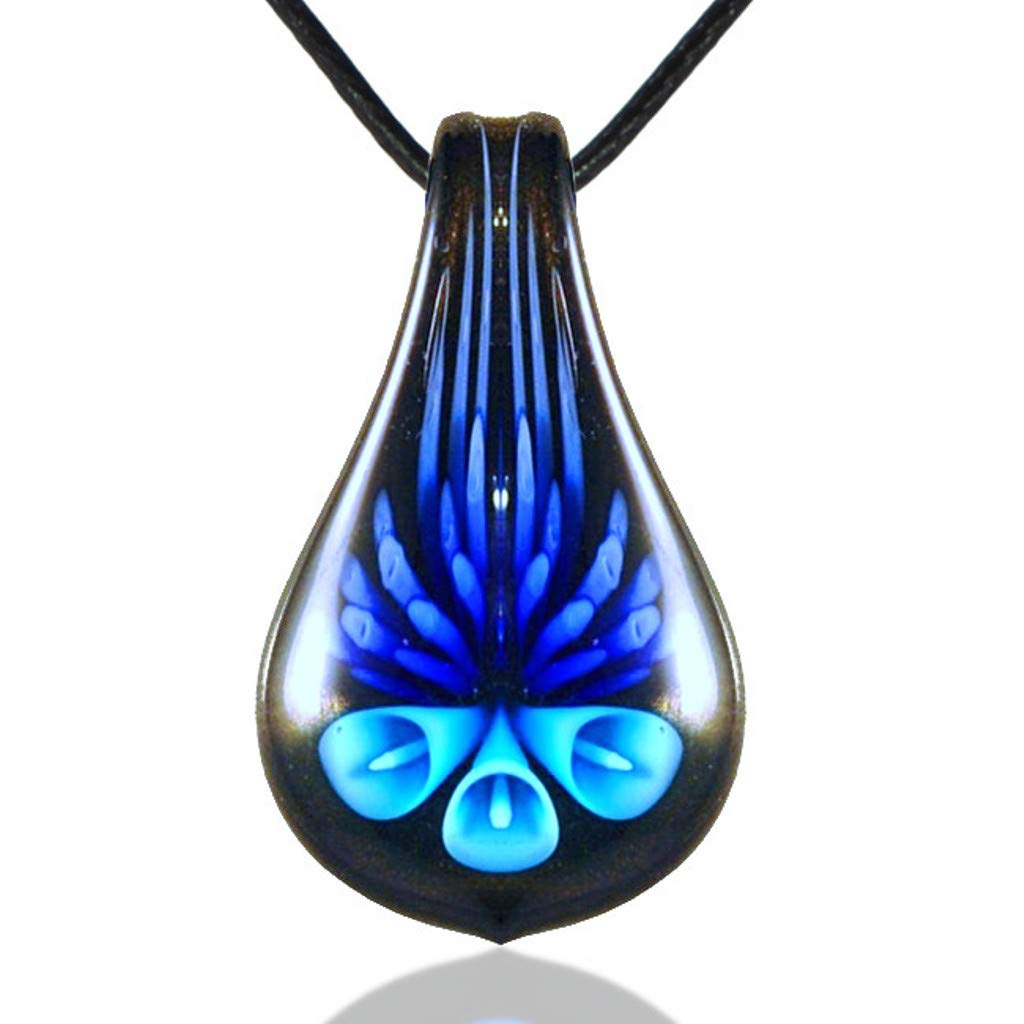 Bleek2SheekMurano Inspired Blue & Black Lily Flower Teardrop Necklace Glass Pendant Hand Blown Artisan Handmade Hypoallergenic Italian Style Jewelry
