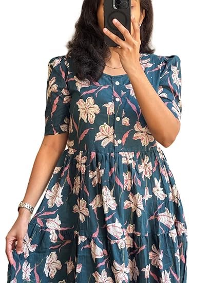 Image of Women's Floral Printed Tiered Midi Dress, Puff Sleeves, Square Neck, Button-Front