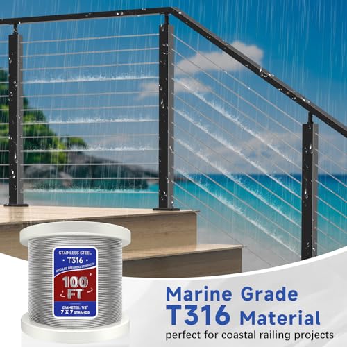 Image of 100FT 1 /8 inch T316 Stainless Steel Cable Marine Grade, Wire Rope Cable for Deck Cable Railing System Post Kit, 1850 lb Breaking Strength, 7x7 Strands Aircraft Cable for DIY Deck Railing, Silver
