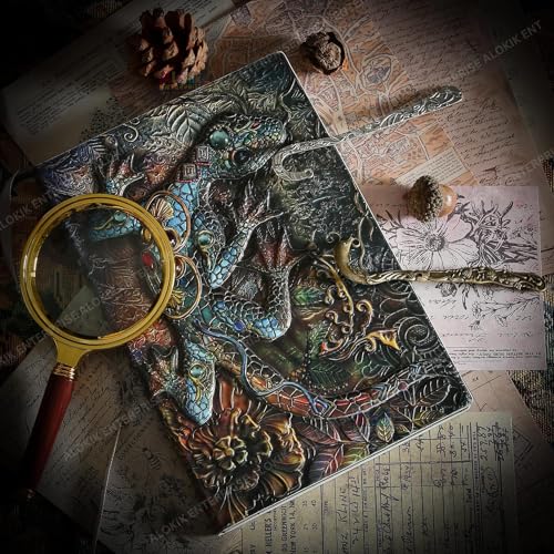 Image of Alokik 3D Lizard DND Vintage Leather Journal Writing Notebook with 200 Pages A5 Journal Diary,Antique Handmade Leather Diary,Travel Diary&Notebooks to Write in,Diary Gift for Men Women