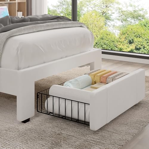 Image of VECELO Twin Size Upholstered Bed Frame with Drawer and Headboard, Velvet Platform Storage Bedframe, Wooden Slats Support, No Box Spring Needed, White