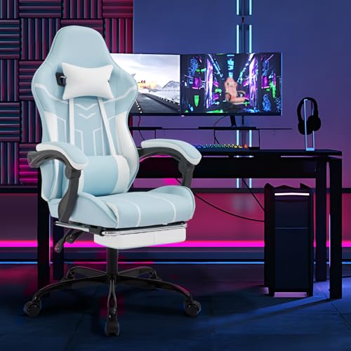 Image of Gaming Chair with Footrest for Home Office - High Back Computer Chair with Headrest and Lumber Support, Ergonomic Height Adjustable Leather Game Chairs (White+Blue)