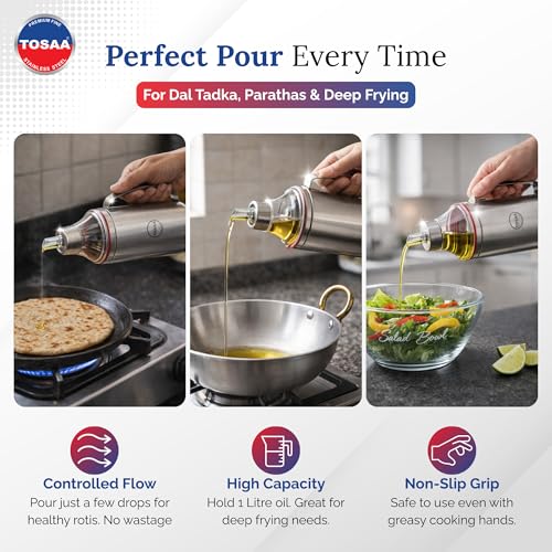 Image of Tosaa Stainless steel Oil dispenser 1000ml | Oil dispenser bottle with drip of Nozzel | Oil can with Handle | Oil Pourer | Pack of 1