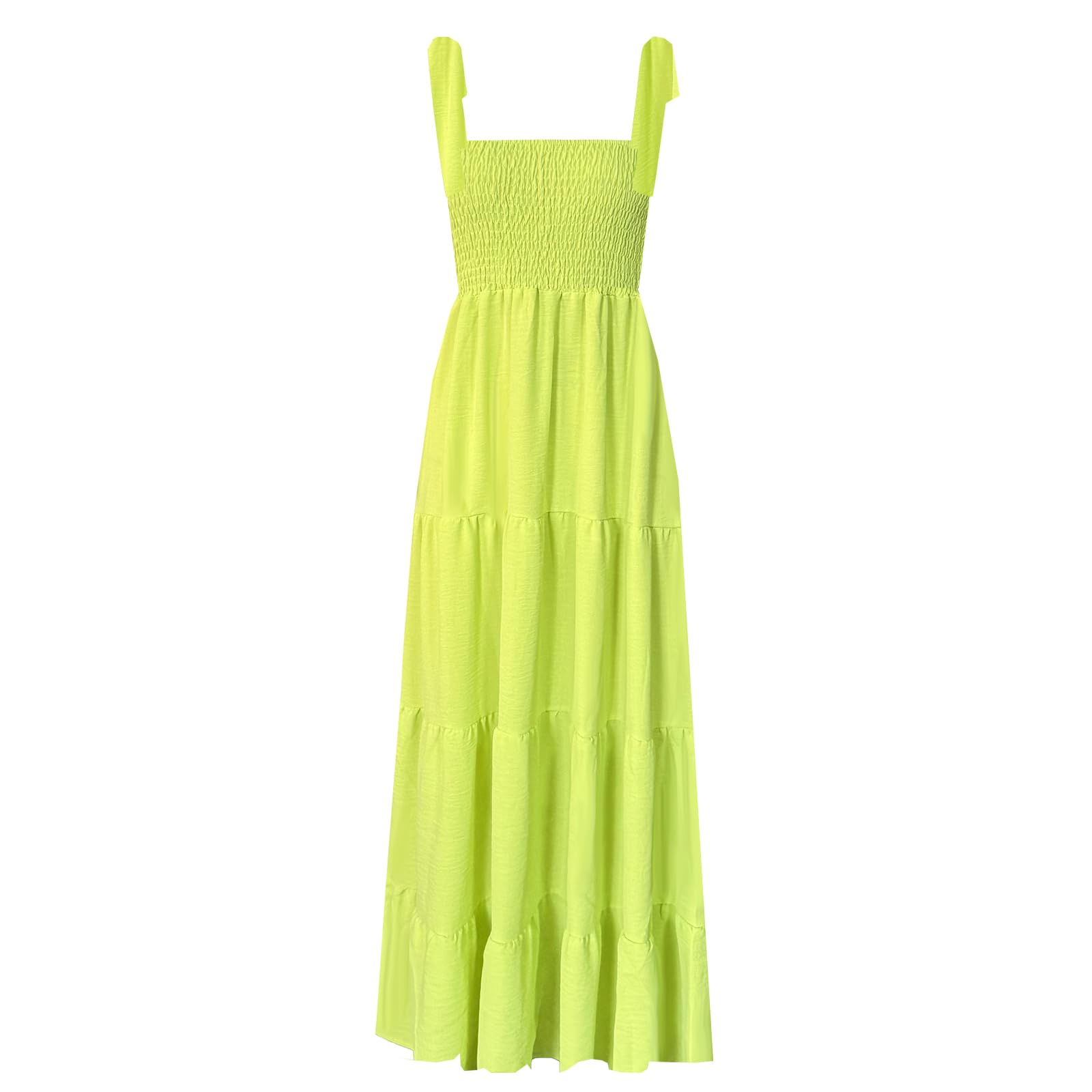 kinstell Women's Summer Boho Spaghetti Strap Square Neck Ruffle Casual Flowy Long Dress Beach Swing Party Maxi Dress