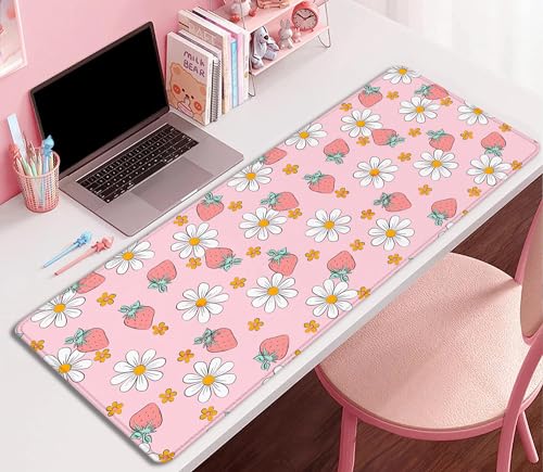 Image of Strawberry Mouse Pad Desk Mat,Pink Large Large Gaming Mouse Mat with Stitched Edges,Non-Slip Waterproof Rubber Base Mouse Mat for Office Computer Keyboard Laptop Home(27.5X11.8 in)