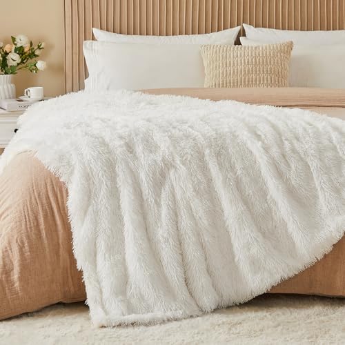 EMME Manta mullida, 220 x 240 cm, de Pelo sintético, Muy Suave, acogedora, cálida, Reversible, Manta de Forro Polar para sofá y Cama, Blanco